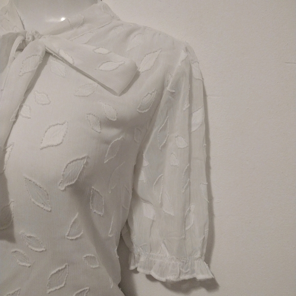 Calvin Klein - Neck Tie Puff Sleeves Sheer Blouse - Picture 9 of 16